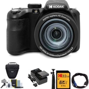 KODAK PIXPRO AZ425 Astro Zoom 20MP Digital Camera (Black) Bundle with 32GB SD Card, Holster Case and Accessory Kit, Battery and Charger Kit, Cable, and Tripod (6 Items)