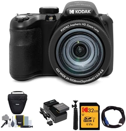 KODAK PIXPRO AZ425 Astro Zoom 20MP Digital Camera (Black) Bundle with 32GB SD Card, Holster Case and Accessory Kit, Battery and Charger Kit, Cable, and Tripod (6 Items)