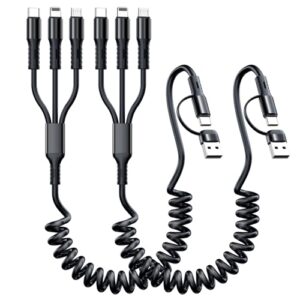 Multi Charging Cable [2Pack 6FT] 5 in 1 Coiled Charging Cable for Car Coiled Multi Phone Fast Charger Cord USB A/USB-C Port to i-P, Type-C, Micro USB Multiple Charger Cable for Cell Phones & Tablets