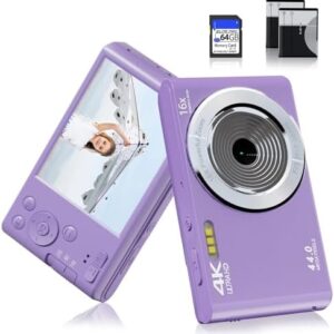 FHD 4K 44MP Digital Camera for Kids Video Camera with 64GB SD Card 16X Digital Zoom, Compact Point and Shoot Camera Portable for Kids 4K YouTube Camera (Purple)