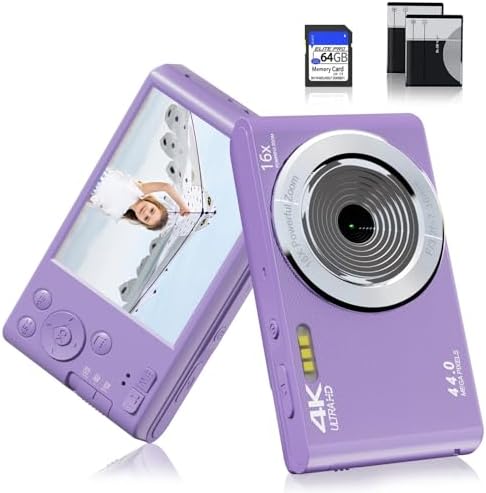 FHD 4K 44MP Digital Camera for Kids Video Camera with 64GB SD Card 16X Digital Zoom, Compact Point and Shoot Camera Portable for Kids 4K YouTube Camera (Purple)