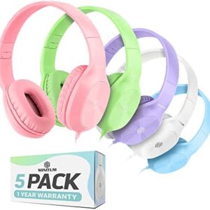 Sonitum Kids Headphones for School Bulk Set 5-Pack On-Ear, 3.5mm, Wired Headphones for Schools & Libraries – Adjustable, Cushioned Headphones (Mixed Colors)