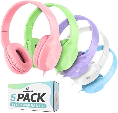 Sonitum Kids Headphones for School Bulk Set 5-Pack On-Ear, 3.5mm, Wired Headphones for Schools & Libraries – Adjustable, Cushioned Headphones (Mixed Colors)