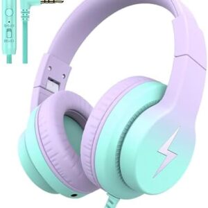 Kids Headphones, Wired Headphones for Kids Over Ear with Microphone, 85/94dB Volume Limiter Headphones for Girls Boys with Sharing Jack, Foldable Headphones for Online Study,Gradient Purple