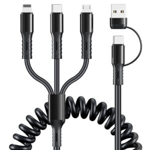 BELSYNGA Coiled Multi Charging Cable 6FT Multi Charger Cable Retractable 3 in 1 Fast Multi Charging Cord USB A/C to Type C/Micro USB/i-P Port Universal Multiple Phone Charger Cable for Cell Phones