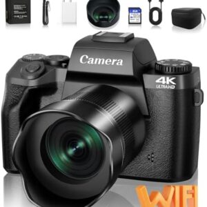 Saneen Digital Camera for Photography, 4K 64MP WiFi Touch Screen Vlogging Camera with Flash, 32GB SD Card, Lens Hood, 3000mAH Battery, Front and Rear Cameras, 4″Big Screen, Hot Shoe Interface - Black