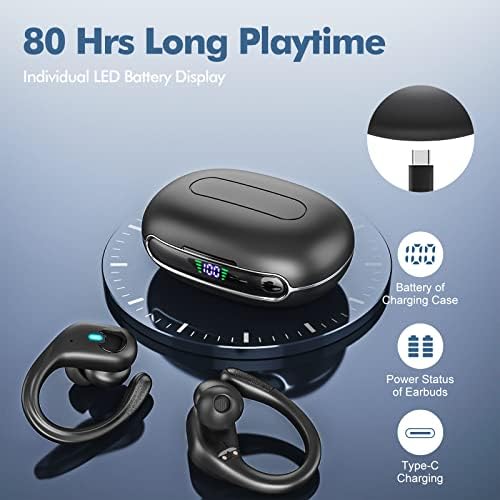 Wireless Earbuds Bluetooth Headphones 80Hrs Playback with LED Diaplay Wireless Charging Case Noise Cancelling Ear buds with Earhooks, IPX7 Waterproof Over Ear Earphones for Sports Running Workout - Image 5