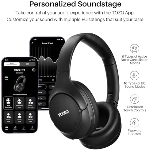 TOZO HT2 Hybrid Active Noise Cancelling Headphones, Wireless Over Ear Bluetooth Headphones, 60H Playtime, Hi-Res Audio Custom EQ via App Deep Bass Comfort Fit Ear Cups, for Home Office Travel - Image 6