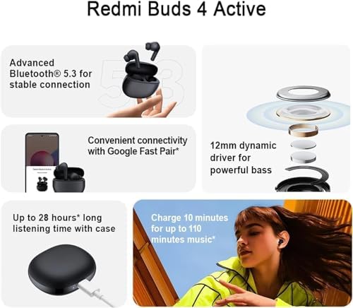Xiaomi Redmi Buds 4 Active, Advanced Bluetooth® 5.3, 12mm Dynamic Driver, Google Fast Pair, Up to 28 Hours* Long Listening time with case, Graphite Black - Image 2