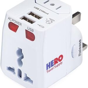 Hero Universal Travel Adapter (2 USB Ports) – Power Plug for US Europe France UK Ireland Thailand NZ Australia 100+ Countries