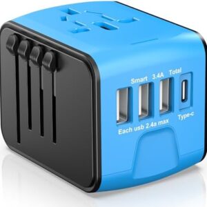 Universal Travel Adapter, International Travel Plugs Worldwide with 3 USB + 1 Type C Ports European Power Adapter, Smart AC Outlet Wall Charger for Us to EU UK AUS Ireland Asia (Type C/G/A/I)-Blue