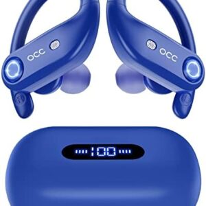 Wireless Earbuds Bluetooth Headphones 130H Playback 4-Mic HD Call IP7 Waterproof Ear Buds in Ear Sport LED Display Earphones with Earhooks for Running Workout Gym Phone Laptop TV Computer (Blue)