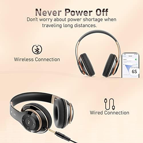 Bluetooth Headphones Over Ear, 6S Wireless Headphones Wired with 6 EQ Modes, 40 Hours Playtime Foldable HiFi Stereo Headset with Microphone, FM/TF for Cellphone/PC/Work (Black & Gold) - Image 4