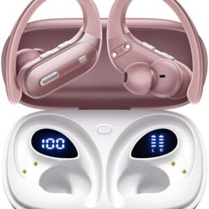 Wireless Earbuds Bluetooth 5.3 Headphones 90 Hrs Playtime Ear buds with Wireless Charging Case Power Display Over-ear Earphones with Earhooks Waterproof Stereo Headset for Android phone Workout Pink