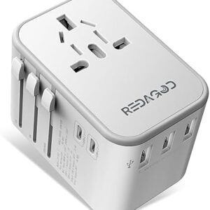 Universal Travel Adapter,Redagod International Plug Adapter with 3 USB A 2 USB C Ports Max 6A 30W, All-in-one Worldwide Wall Travel Charger for Europe UK AUS Asia Japan Covers 200+Countries