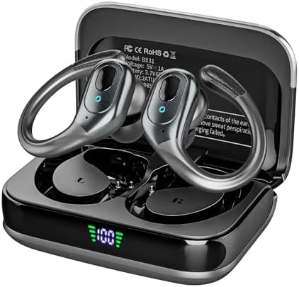 sajawass Wireless Earbuds Bluetooth Headphones 75Hrs Playback with LED Diaplay Charging Case Noise Cancelling Ear Buds with Earhooks, IPX7 Waterproof Over Ear Earphones for Sports Running Workout