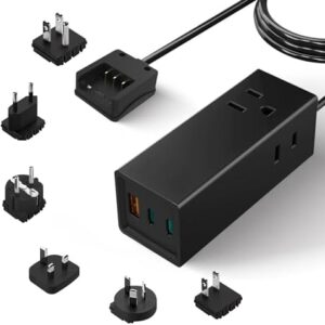 Ceptics 65W World Travel Adapter 3 USB Ports PD 3.0 Ultra Compact Charger 2 US Outlets [GaN Tech], Quick Type C, Charge Laptops, Cellphones in Europe, Asia, Africa, America and More