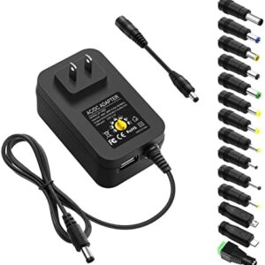 ALITOVE 30W Universal AC to DC Power Supply Adapter 3V to 12V Adjustable with 14Adapter Tips & USB Port for Household Electronics Routers 2.5A Max
