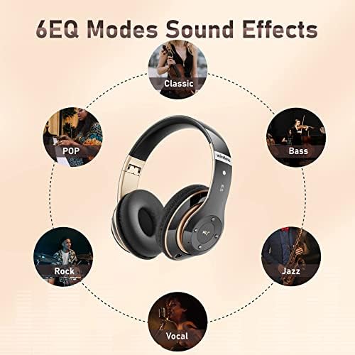 Bluetooth Headphones Over Ear, 6S Wireless Headphones Wired with 6 EQ Modes, 40 Hours Playtime Foldable HiFi Stereo Headset with Microphone, FM/TF for Cellphone/PC/Work (Black & Gold) - Image 5