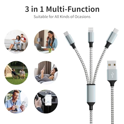 Multi Charging Cable(2Pack 4FT), Nylon Braided 3 in 1 Universal Phone Charger Fast Charging with Type-C/Micro USB and IP Port, Compatible with Most Cell Phones - Image 6