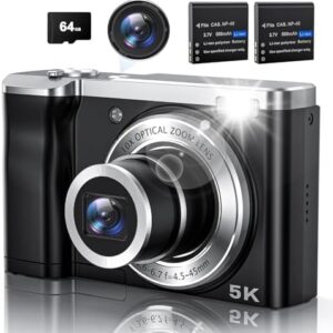 5K Digital Camera with 64GB Card, Touch Screen & 10X Optical Zoom, 56MP Front and Rear Camera with Autofocus 6-axis Anti-Shake, Selfie Vlogging Camera for Photography and Video, Ultra Bright Flash