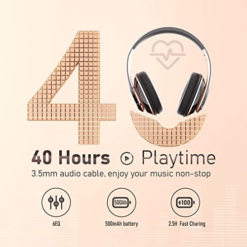 Bluetooth Headphones Over Ear, 6S Wireless Headphones Wired with 6 EQ Modes, 40 Hours Playtime Foldable HiFi Stereo Headset with Microphone, FM/TF for Cellphone/PC/Work (Black & Gold) - Image 2