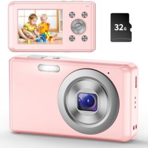 Digital Camera, HD 1080P Compact Camera with 32GB Memory Card, 48 Megapixel Camera, 2.4-inch LCD 16x Digital Zoom Digital Camera for Kids, Girls, Teens, Boys and Beginners（Pink