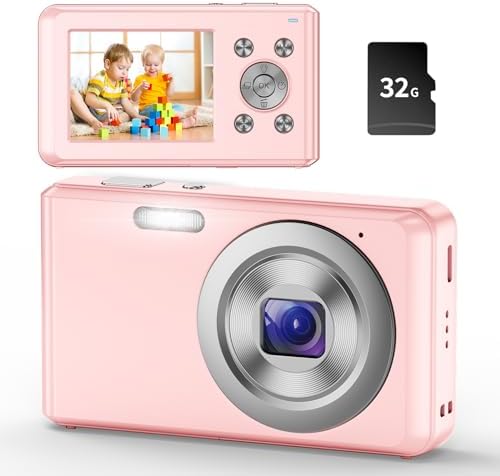 Digital Camera, HD 1080P Compact Camera with 32GB Memory Card, 48 Megapixel Camera, 2.4-inch LCD 16x Digital Zoom Digital Camera for Kids, Girls, Teens, Boys and Beginners(Pink