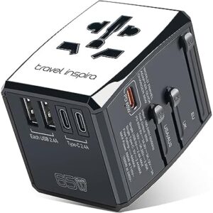 Universal Travel Adapter Super Fast Charging GaN 65W - 3 USB-C & 2 USB-A Ports for Laptops Tablets Apple iPhone 15 Samsung Phones - All-in-one Wall Charger Type C for Worldwide Use (USA EU UK AUS)