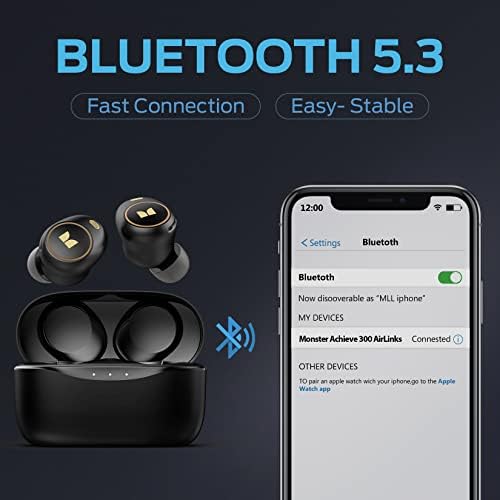 Monster Wireless Earbuds, Achieve 300 AirLinks Bluetooth Headphones Touch Control with Charging Case, Bluetooth Earbuds, Black - Image 2