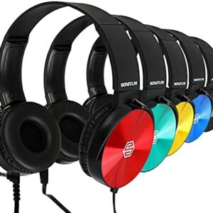 Classroom Headphones-Bulk 10-Pack, Student On Ear Color Varieties- Comfy Swivel Earphones for Library, School, Airplane, Kids-for Online Learning and Travel, HQ Stereo Sound 3.5mm Jack (Colorful)