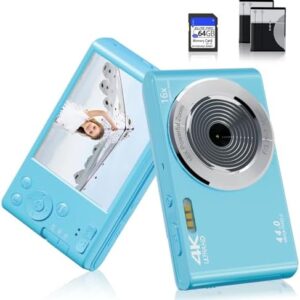 Digital Camera, FHD 1080P 44MP Digital Camera for Kids Video Camera with 64GB SD Card 16X Digital Zoom, Compact Point and Shoot Camera Portable for Kids Boys Girls Teens Students Seniors (Blue)