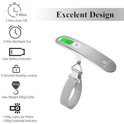 Digital Luggage Travel Scale with Overweight Warning Function, Portable Handheld Electronic Weighing Scale with Hook, 50kg & Backlit LCD Display Screen Design for Suitcase Baggage (Battery Included) - Image 2