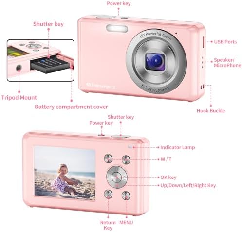 Digital Camera, HD 1080P Compact Camera with 32GB Memory Card, 48 Megapixel Camera, 2.4-inch LCD 16x Digital Zoom Digital Camera for Kids, Girls, Teens, Boys and Beginners(Pink - Image 2