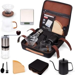 9 Pcs Travel Coffee Lovers Gift Sets with Manual Coffee Grinder Coffee Dripper Goose Neck Kettle Glass Server Digital Scale 100 Pcs Paper Filter et for Drip Coffee Operation