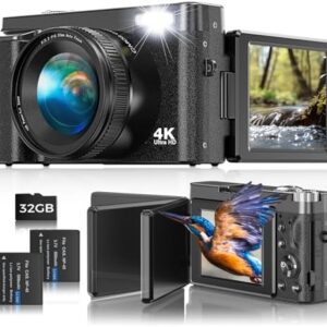 4K Digital Camera for Photography, Autofocus 48MP Vlogging Camera with 32GB Card, 3'' 180° Flip Screen Digital Camera with Flash 16X Zoom, Anti-Shake Compact Cameras with 2 Batteries (Black)