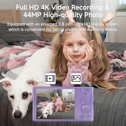 FHD 4K 44MP Digital Camera for Kids Video Camera with 64GB SD Card 16X Digital Zoom, Compact Point and Shoot Camera Portable for Kids 4K YouTube Camera (Purple) - Image 2