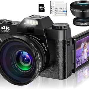 4K Digital Camera for Photography, 48MP FHD Video Camera with WiFi, 3 Inch Flip Screen, 16X Digital Zoom, Vlogging Camera for YouTube (32G Micro Card)