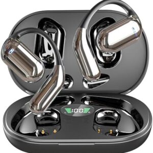 EUQQ Open Ear Bluetooth 5.4 Headphones, Wireless Earbuds Sport Over Earphones Built-in Mic with Ear Hooks 50H Playtime Ear Buds LED Display Charging Case, Waterproof Design for Running Fitness, Black