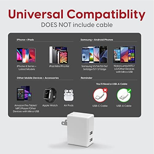 USB Wall Charger 12W/2.4A by TalkWorks - Dual Port Universal Cell Phone Charger Adapter For Apple iPhone, iPad, Nintendo Switch, Android for Samsung Galaxy, Bluetooth Speaker, Tablet - White - Image 4