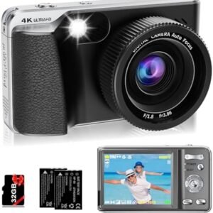 4K Digital Camera for Photography Autofocus,Macro Digital Camera for Kids with SD Card,48MP Vlogging Camera for YouTube,Compact Digital Camera with 18X Digital Zoom, Flash, Anti-Shake, 2 Batteries