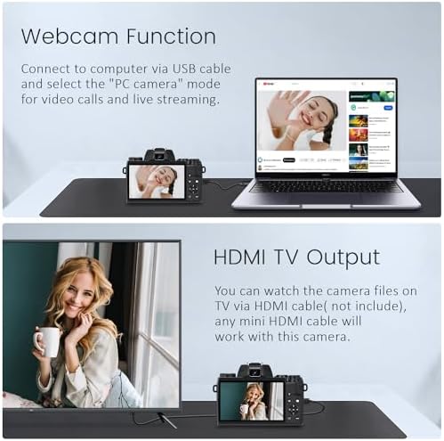 Saneen Digital Camera, 4k Cameras for Photography & Video, 64MP WiFi Touch Screen Vlogging Camera for YouTube with Flash, 32GB SD Card, Lens Hood, 3000mAH Battery, Front and Rear Cameras - Black - Image 3