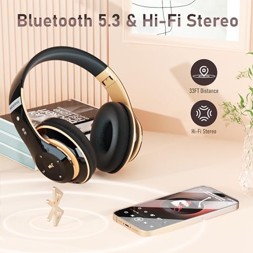 Bluetooth Headphones Over Ear, 6S Wireless Headphones Wired with 6 EQ Modes, 40 Hours Playtime Foldable HiFi Stereo Headset with Microphone, FM/TF for Cellphone/PC/Work (Black & Gold) - Image 6