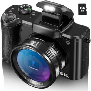 5K Digital Camera for Photography, 64MP Autofocus Vlogging Camera for YouTube with Selfie Lens, 5X Optical Zoom, Video Camera with Flash, Touch Screen, Anti-Shake, 64GB Card, 2 Batteries