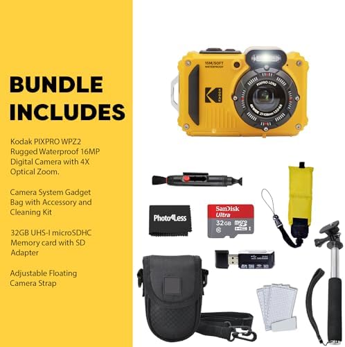 Kodak PIXPRO WPZ2 Rugged Waterproof Shockproof Digital Camera 16MP 4X Optical Zoom 1080P Full HD Video, 2.7" LCD (Yellow), 32GB SD Card, Black Compact Camera Case, Floating Strap, Bundle (7 Items) - Image 7