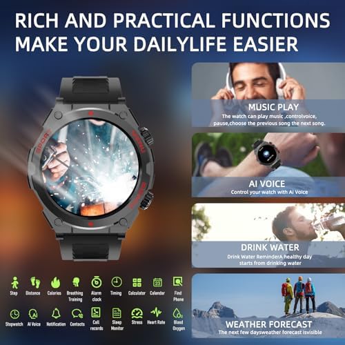 Military Smart Watch, 1.52-Inch Touch Screen Tactical Smartwatch with Text and Call, Heart Rate, Blood Oxygen, and Activity Trackers - Compatible with iPhone and Android, for Men and Women(Black) - Image 3