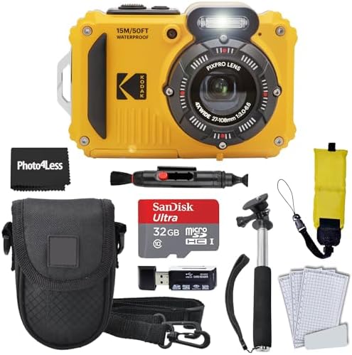 Kodak PIXPRO WPZ2 Rugged Waterproof Shockproof Digital Camera 16MP 4X Optical Zoom 1080P Full HD Video, 2.7" LCD (Yellow), 32GB SD Card, Black Compact Camera Case, Floating Strap, Bundle (7 Items)