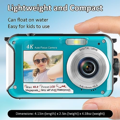 4K Digital Camera 11FT Waterproof Camera with 32GB Card 48MP Autofocus Dual-Screen Selfie Underwater Camera for Snorkeling Compact Floatable Point and Shoot Digital Camera 1250mAh Battery (Blue) - Image 6