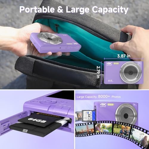 FHD 4K 44MP Digital Camera for Kids Video Camera with 64GB SD Card 16X Digital Zoom, Compact Point and Shoot Camera Portable for Kids 4K YouTube Camera (Purple) - Image 6