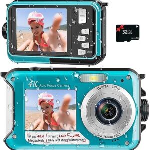 4K Digital Camera 11FT Waterproof Camera with 32GB Card 48MP Autofocus Dual-Screen Selfie Underwater Camera for Snorkeling Compact Floatable Point and Shoot Digital Camera 1250mAh Battery (Blue)